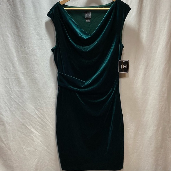 TOMMY HILFINGER VELVET GREEN PARTY DRESS RUCHING ZIP UP DRAPED NECK NWT SIZE 16 - Picture 2 of 15